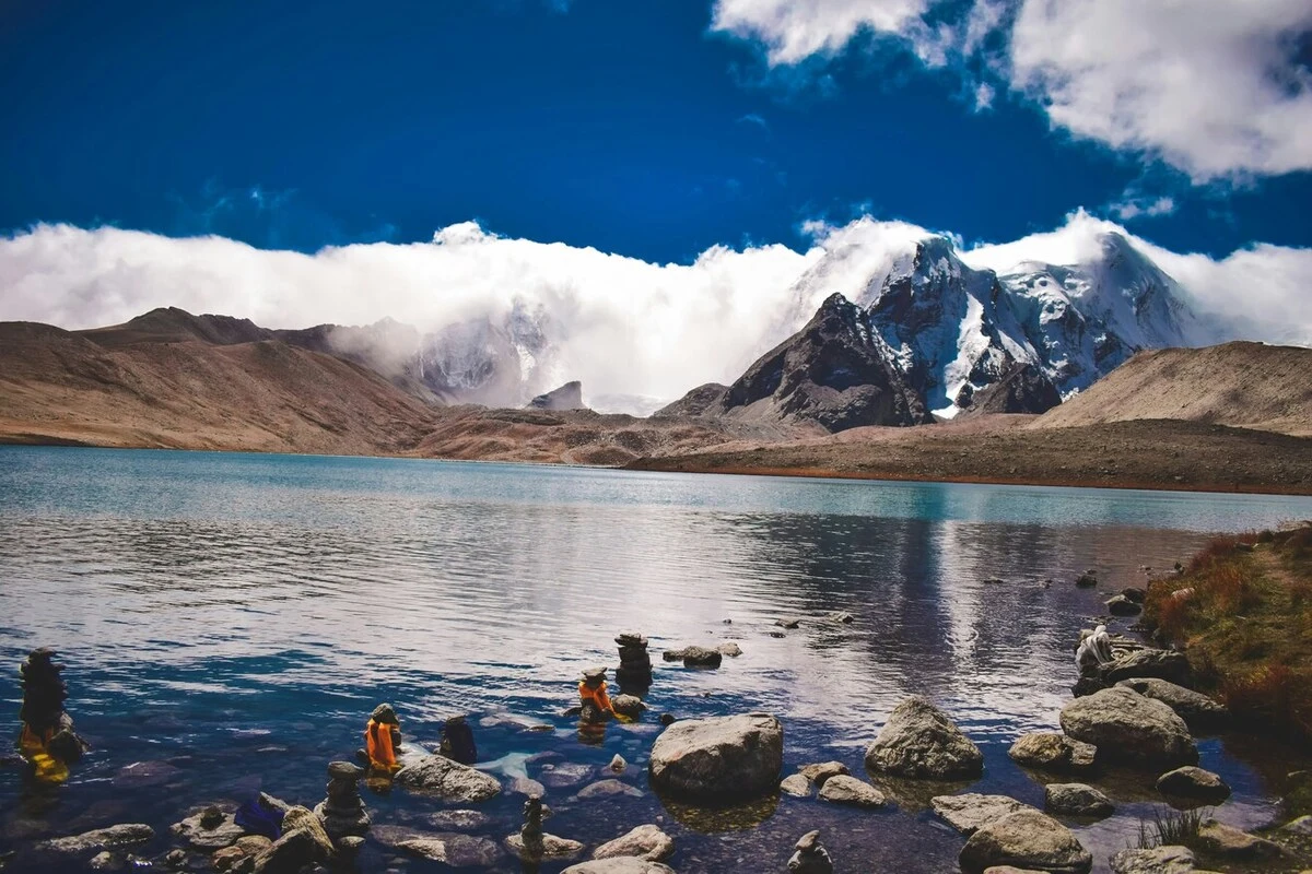 Gurudongmar Lake surrounded by Himalayan mountains in North Sikkim