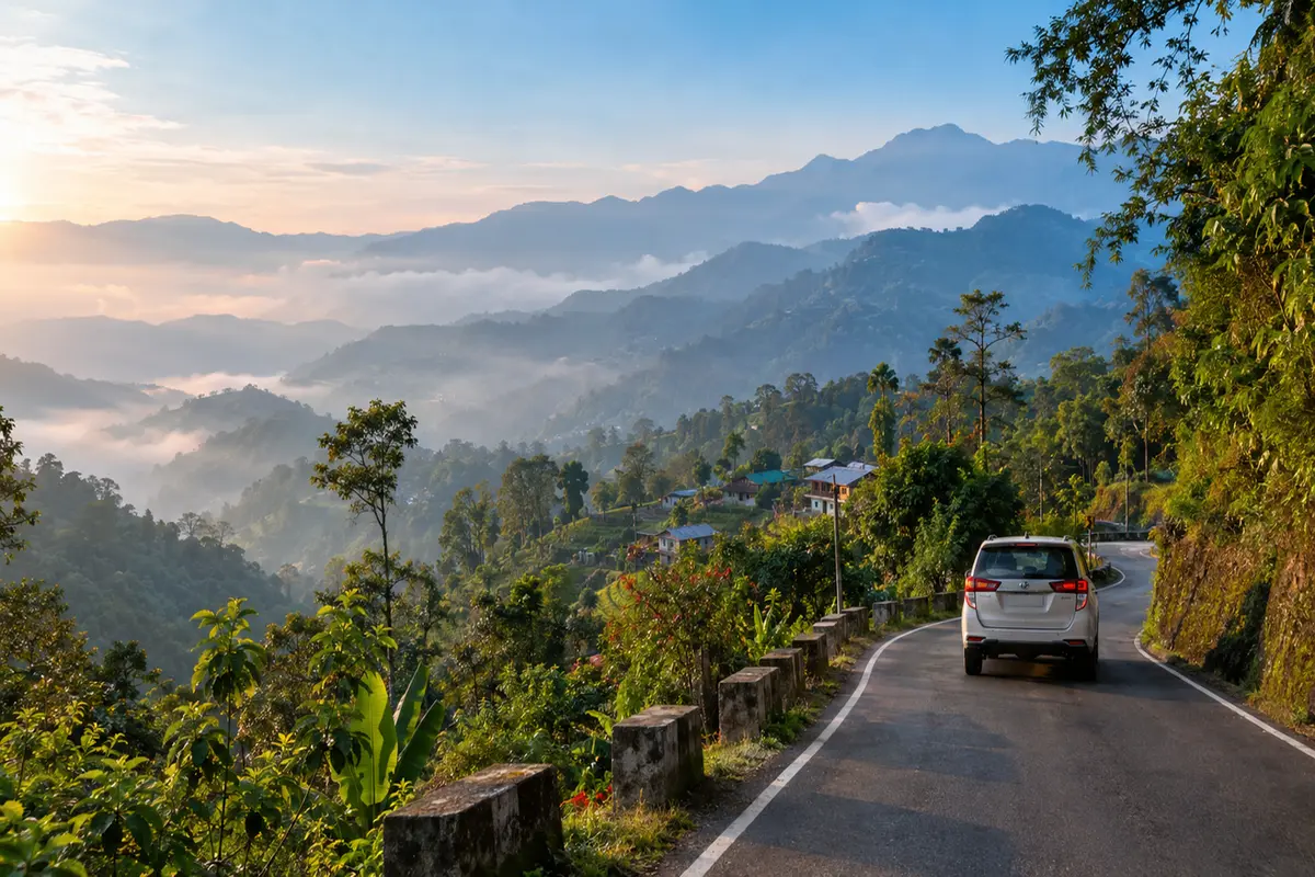 Mountain road leading towards Sittong through green hills